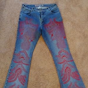 Blue Jeans w/ Red Abstract Peacock Decals - Parasuco